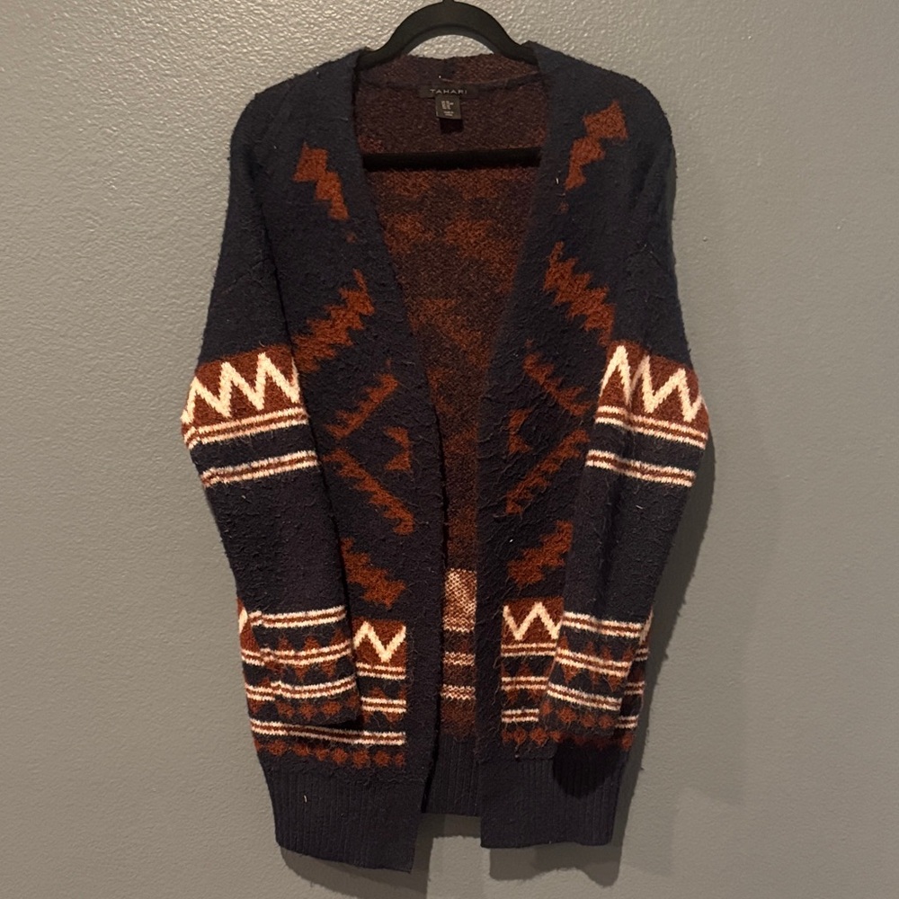 Tahari Aztec Navy Southwest Long Cardigan Sweater